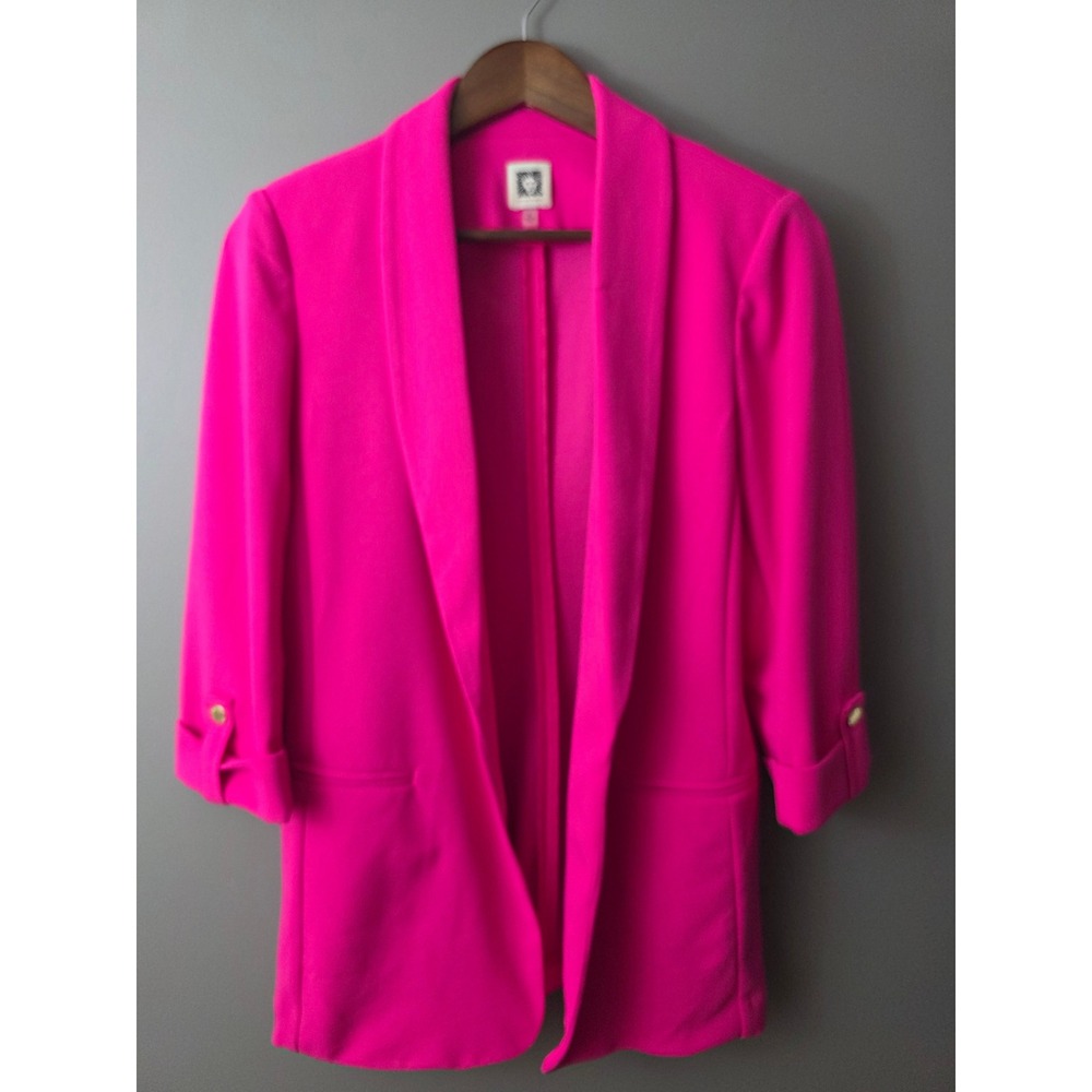 Anne Klein Womens Hot Pink Shawl Collar Open Front Blazer Size Small 3/4 Sleeve